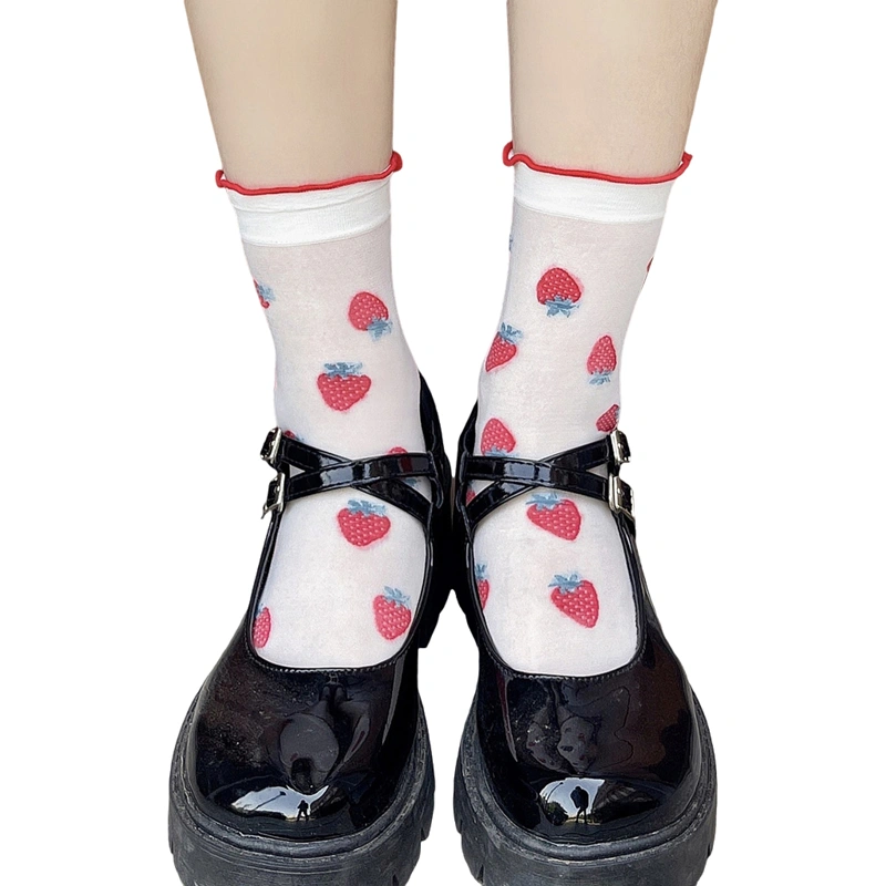 Women Long Socks, Sweet Strawberry Print Sheer Socks Lolita Socks for Casual Daily