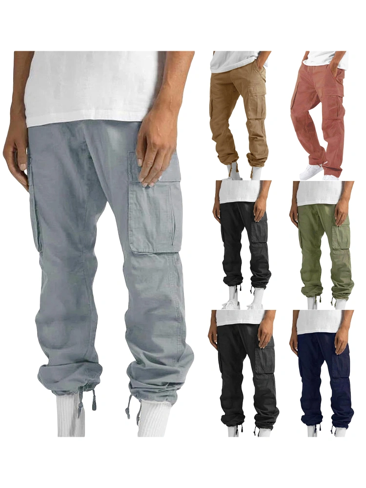 Men Cargo Pants with Pockets Solid Color Loose Elastic Jogger Sweatpants Casual Trousers Streetwear