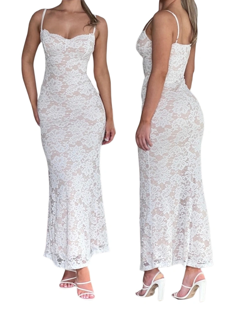 Women's Summer Long Evening Dress White Sleeveless Lace Floral Fitted Spaghetti Strap Dress