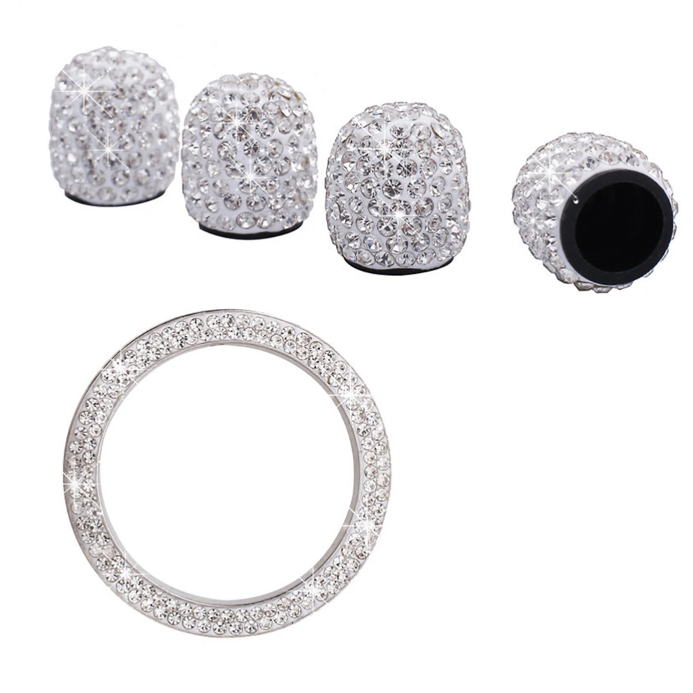 5PCS/Set Auto Stem Caps Ignition Button Ring Universal Rhinestone Tire Dust Caps Car Start Key Decoration (White)