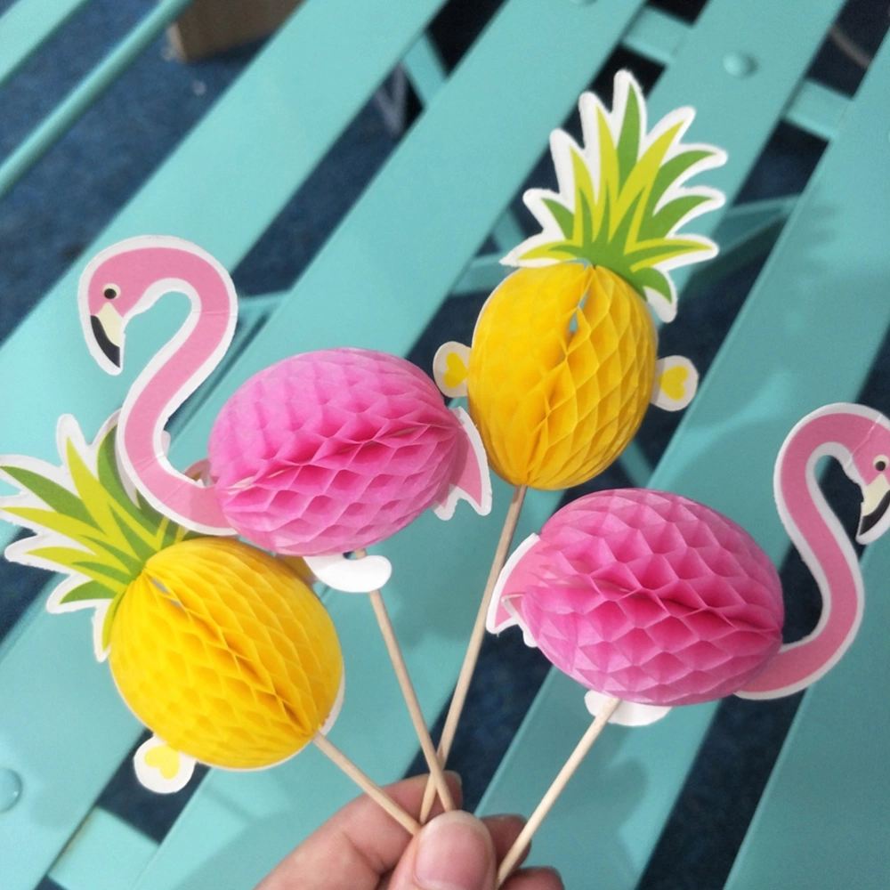 10 Pcs Hawaii 3D Flamingo and Pineapple Cake Toppers Cake Picks Cake Decoration for Tropical Summer Hawaii Party