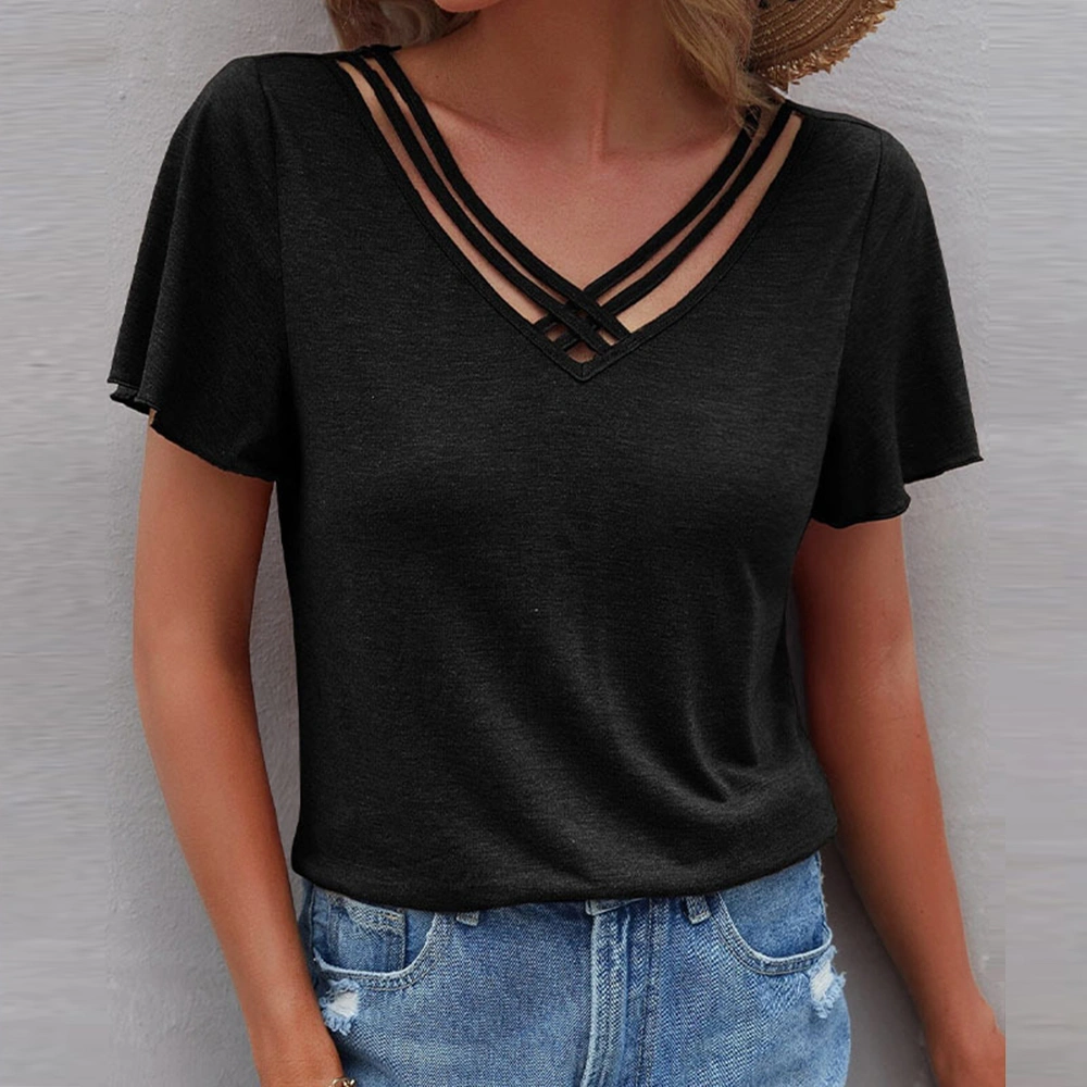 Womens Sexy V-Neck Hollow T-Shirt Blouse Tops Summer Ladies Casual Loose Tee Clothing