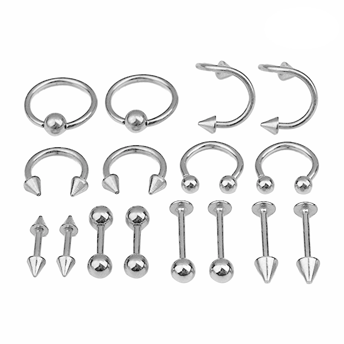 16PCS/Set Piercing Jewellery Surgical Steel Body Spiral Body Spiral Belly Tongue Bar Ring Eyebrow Mixed Piercing Jewelry for Women (Steel Color)
