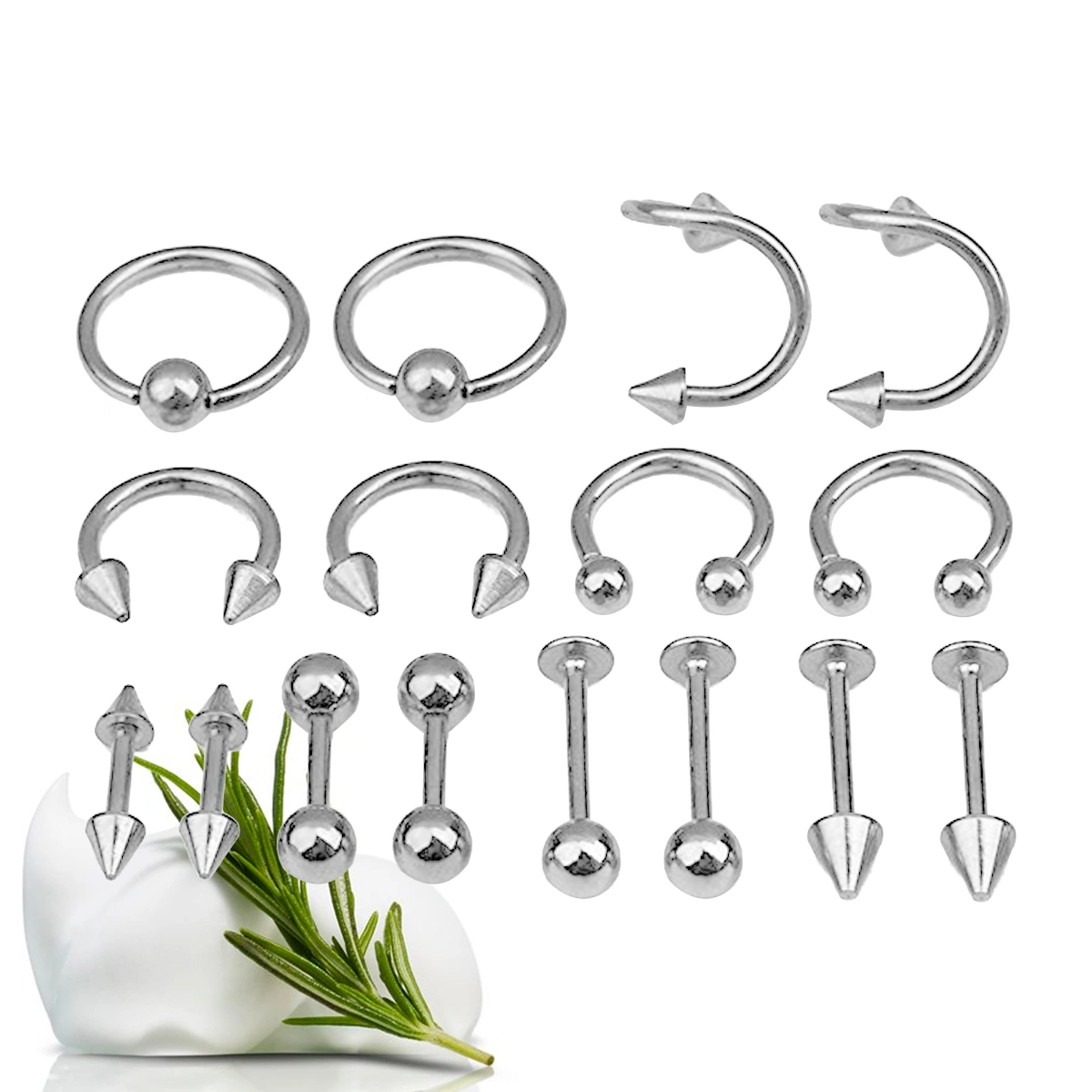 16PCS/Set Piercing Jewellery Surgical Steel Body Spiral Body Spiral Belly Tongue Bar Ring Eyebrow Mixed Piercing Jewelry for Women (Steel Color)