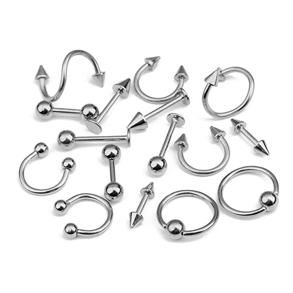 16PCS/Set Piercing Jewellery Surgical Steel Body Spiral Body Spiral Belly Tongue Bar Ring Eyebrow Mixed Piercing Jewelry for Women (Steel Color)