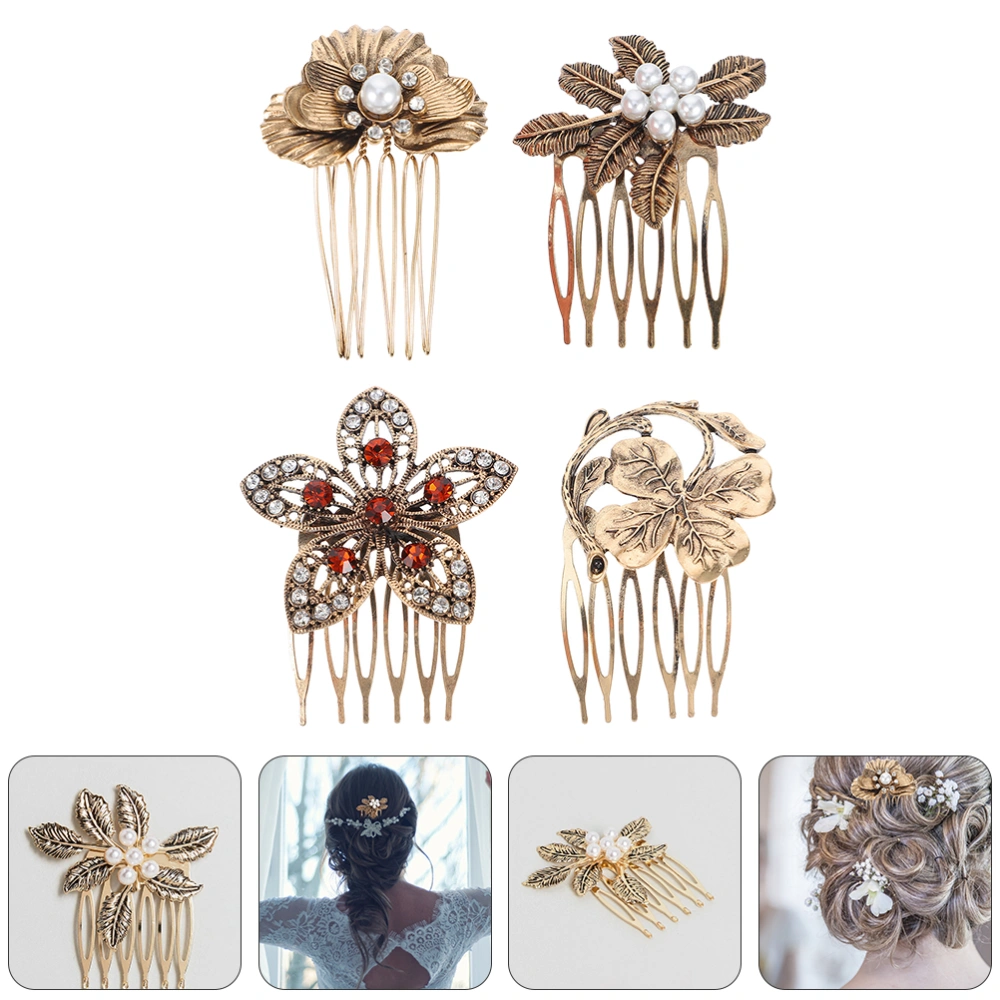 4pcs Vintage Style Pearl Hair Comb Leaf Diamond Headdress Hair Decorations