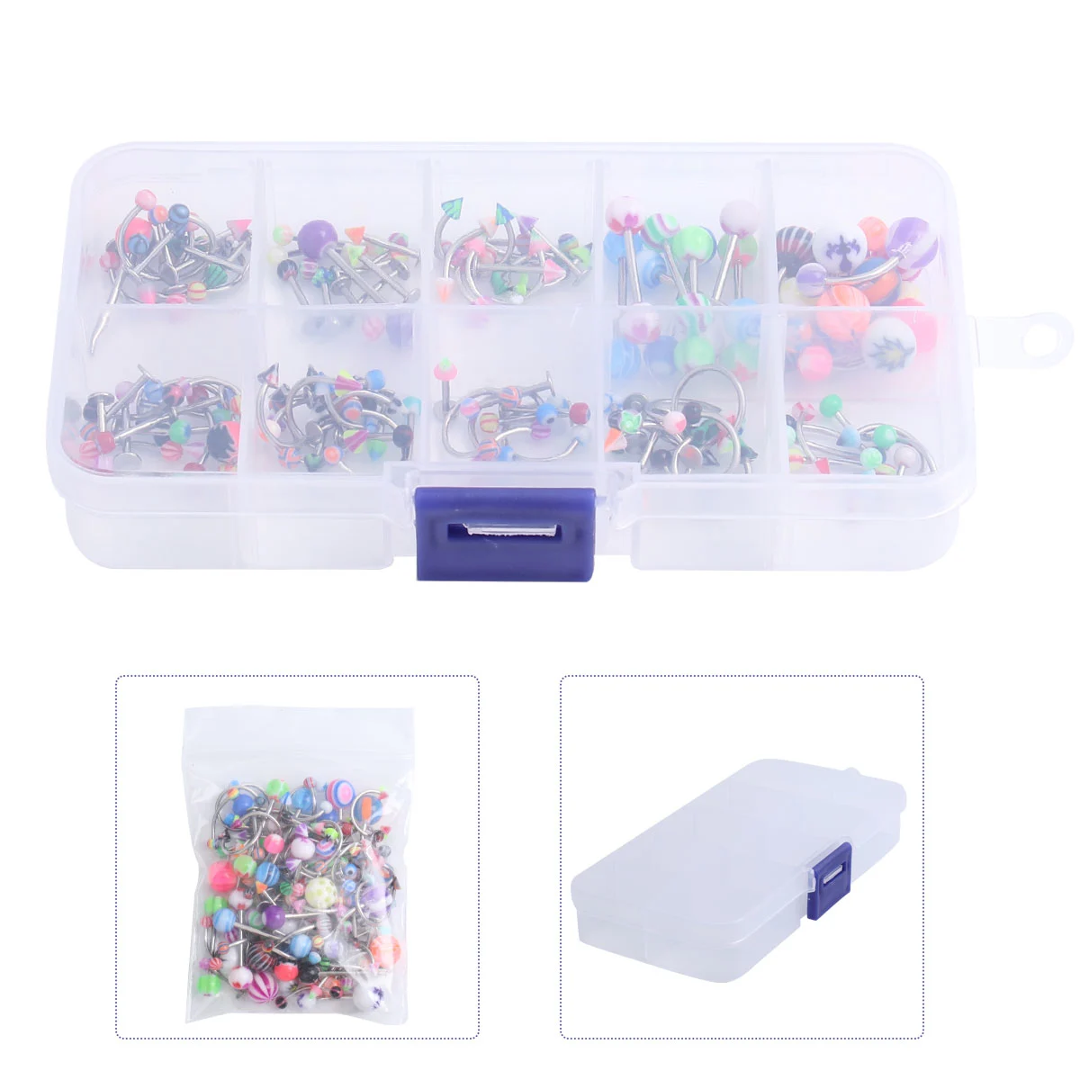 100pcs Acrylic Body Piercing Ring Tongue Lip Navel Body Piercing Jewelry Belly Eyebrow Rings Bars Barbell with Storage Box (Random Color)