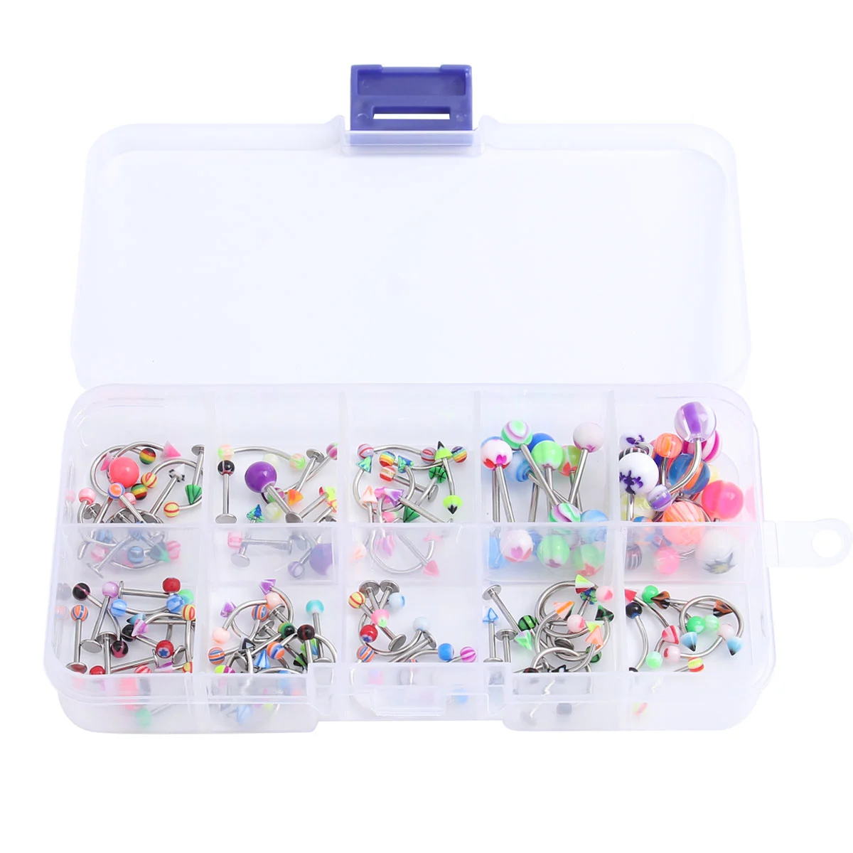 100pcs Acrylic Body Piercing Ring Tongue Lip Navel Body Piercing Jewelry Belly Eyebrow Rings Bars Barbell with Storage Box (Random Color)