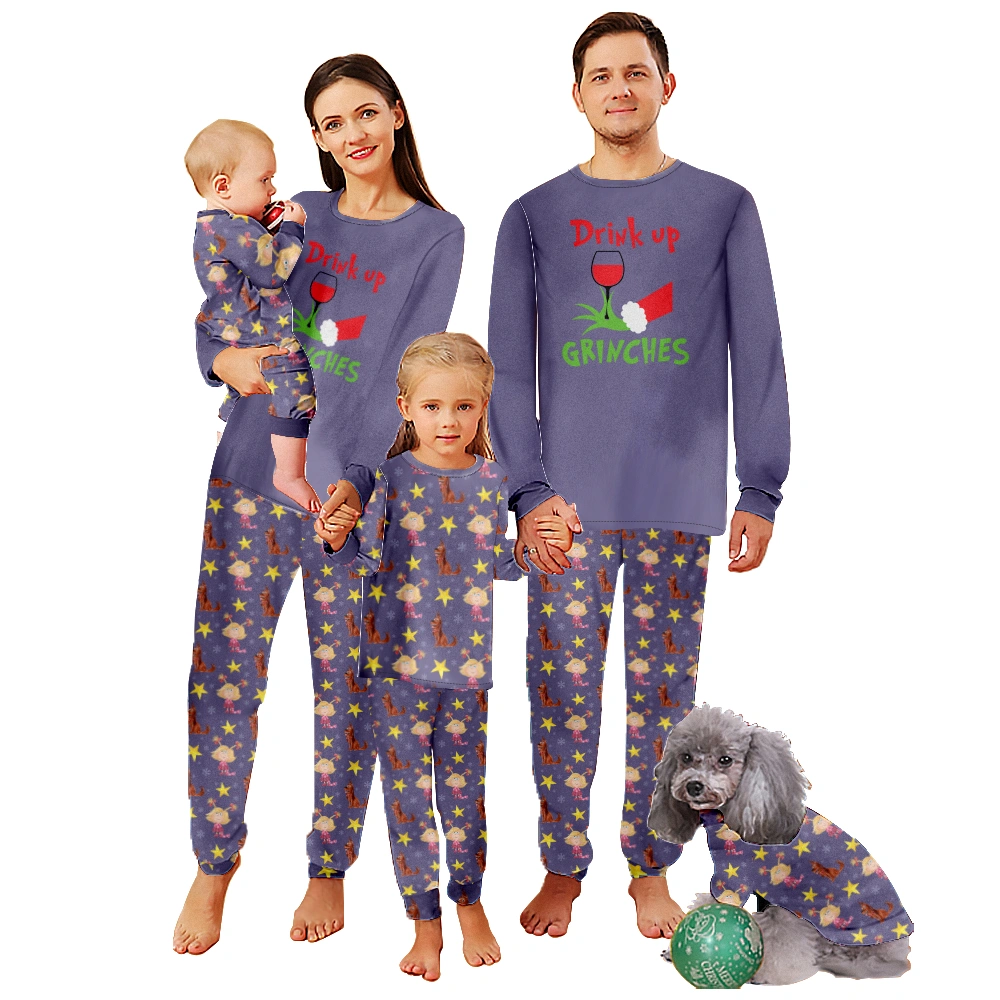 Christmas Family Pajamas Set Grinch Pattern Tops+Long Elastic Pants for Dad Mom Kids