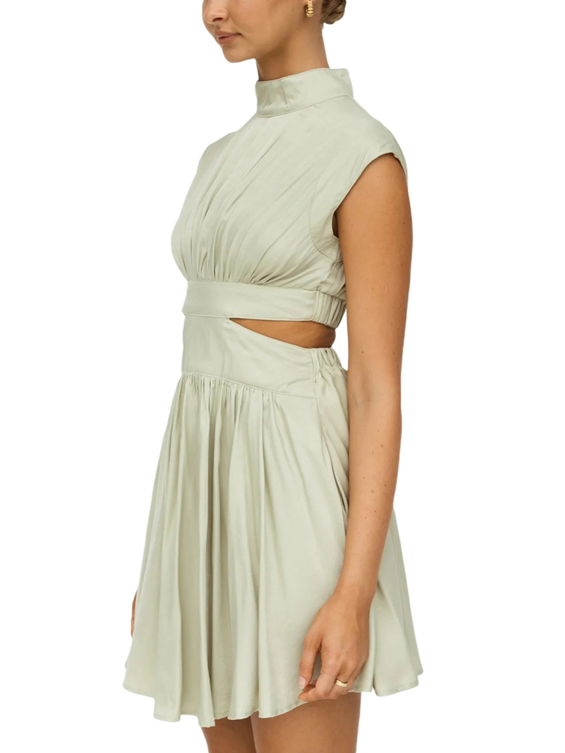 Women Summer Casual Dress Stand Collar Solid Color Cutout Pleated Party Dress Beach Streetwear