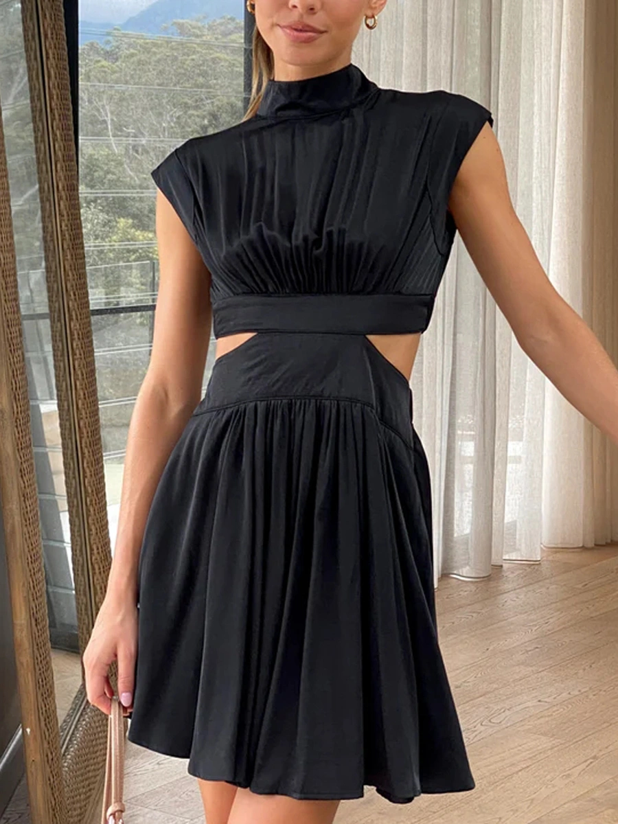 Women Summer Casual Dress Stand Collar Solid Color Cutout Pleated Party Dress Beach Streetwear