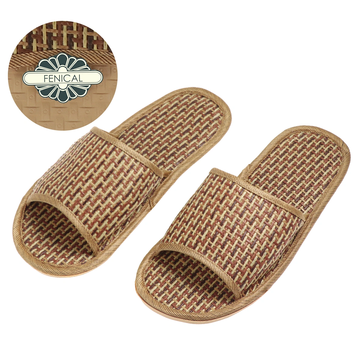 FENICAL Lightweight Slipper Bamboo Straw Slippers Open-Toe House Slipper for Men Women Bath Spa Summer Sandal 42/43
