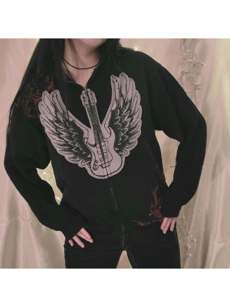 Women Punk Hoodies Goth Wings Print Zipped Hooded Sweatshirts Grunge Long Sleeve Loose Coat for Spring Autumn