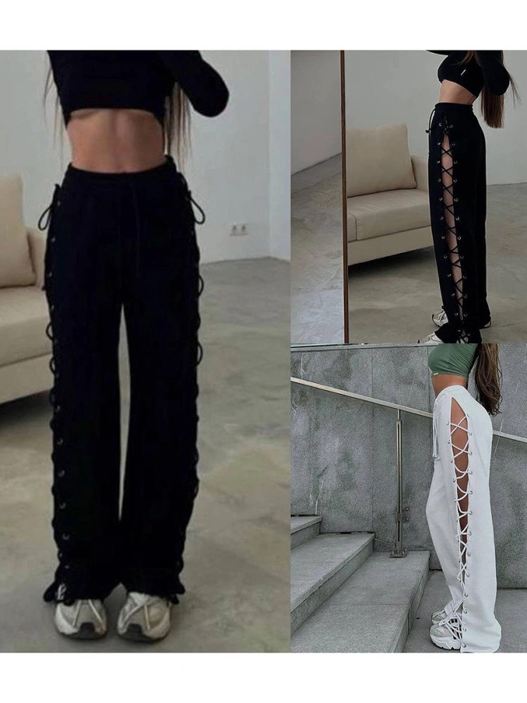 Women Summer Casual Baggy Pants Solid Color Drawstring Waist Side Hollow Bandage Wide Leg Pants