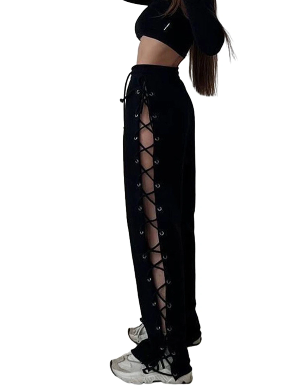Women Summer Casual Baggy Pants Solid Color Drawstring Waist Side Hollow Bandage Wide Leg Pants