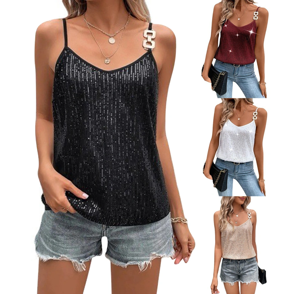 Women´s Summer Sequin Cami Tops Spaghetti Strap V-Neck Sparkle Shimmer Loose Sleeveless Tanks Tops