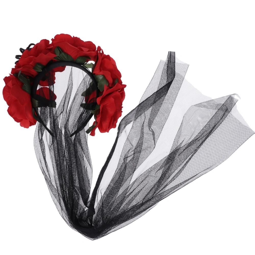 Halloween Party Lace Veil Head Buckle Simulation Rose Flower and Spider Headband Halloween Party Hair Accessories Day of the Dead Headpiece Red