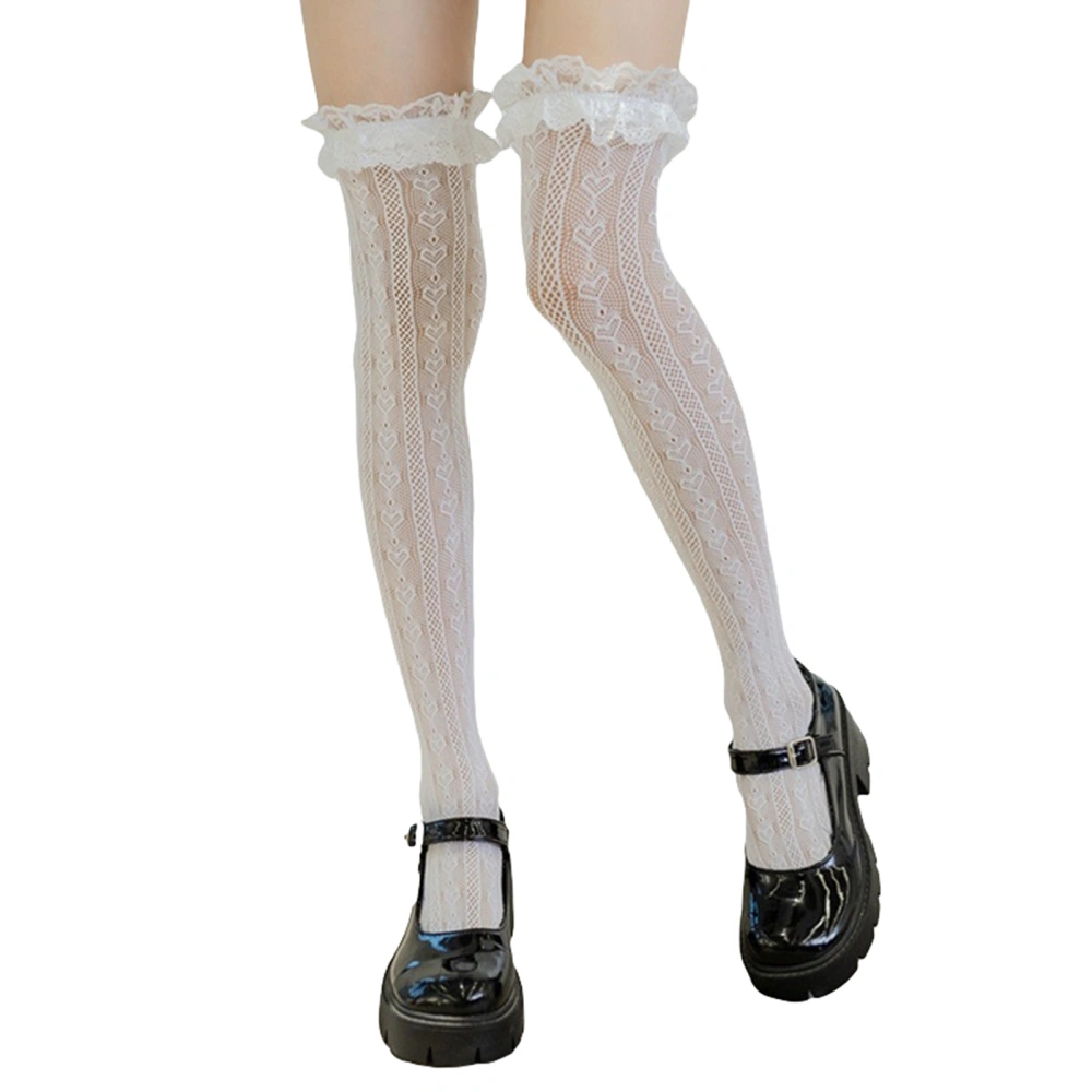 Women's Lace Over Knee Socks, Lolita Sheer Eyelet Thigh High Socks Sweet Ruffled Long Stocking