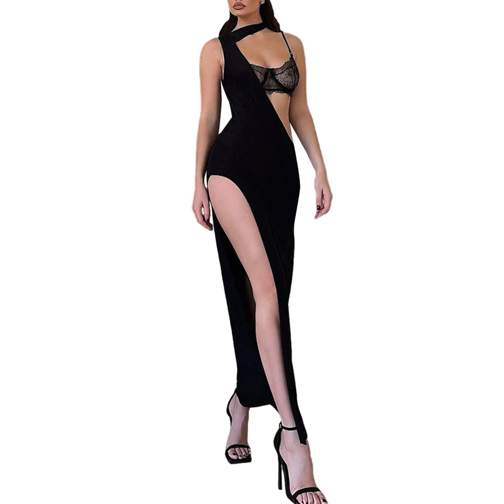 Women's Halter Bodycon Long Dress One Shoulder Sleeveless Party Dress High Split Cocktail Dress