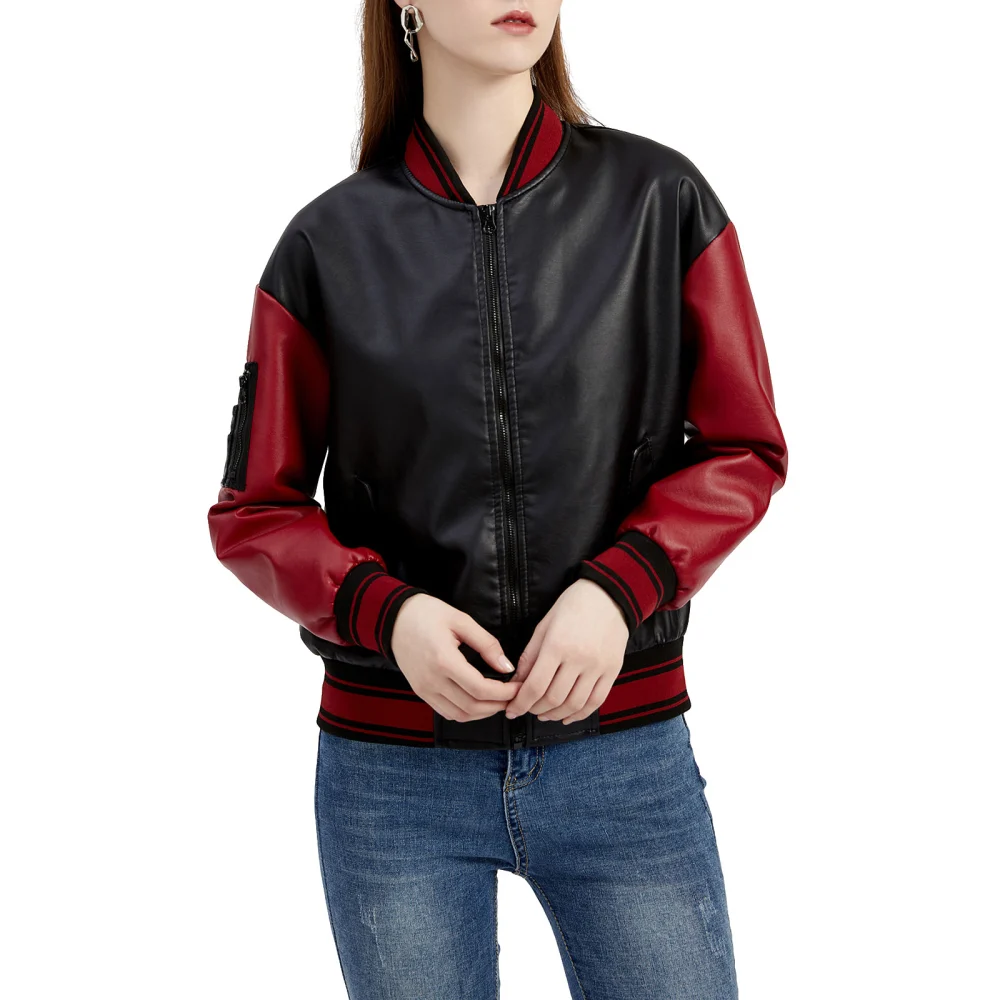 Women Baseball Jacket, Long Sleeve Baseball Collar Zipper Closure Patchwork Varsity Jacket Fall Clothes with Pockets