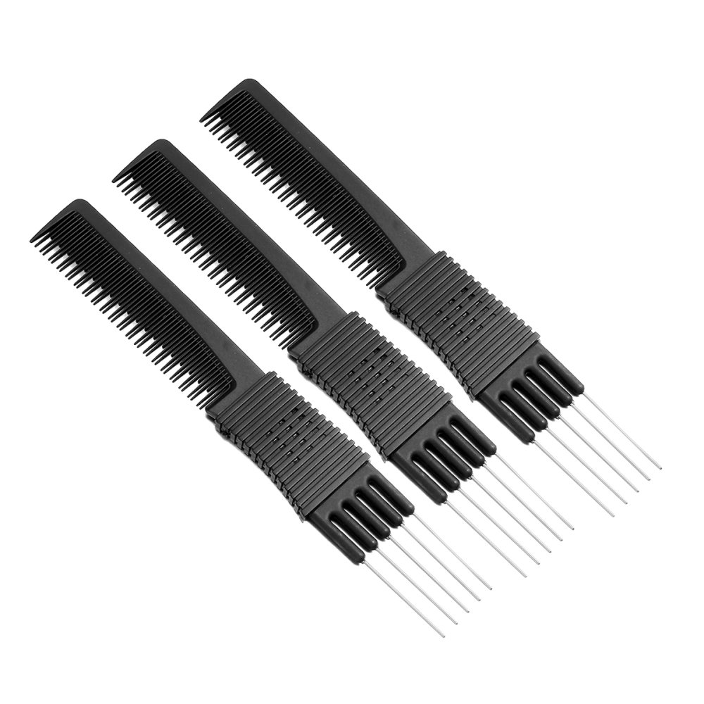 3pcs Black Carbon Fiber Anti-Static Steel Wire Clip Comb Rat-Tail Comb