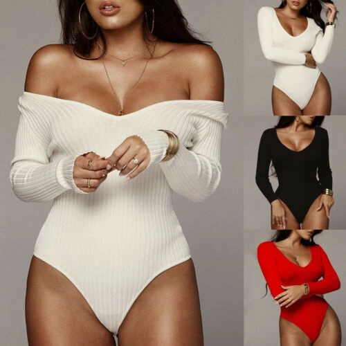 Fashion Women Sexy Knit Long Sleeve Short Romper Solid Color Jumpsuit Stretch Bodysuit Leotard Tops