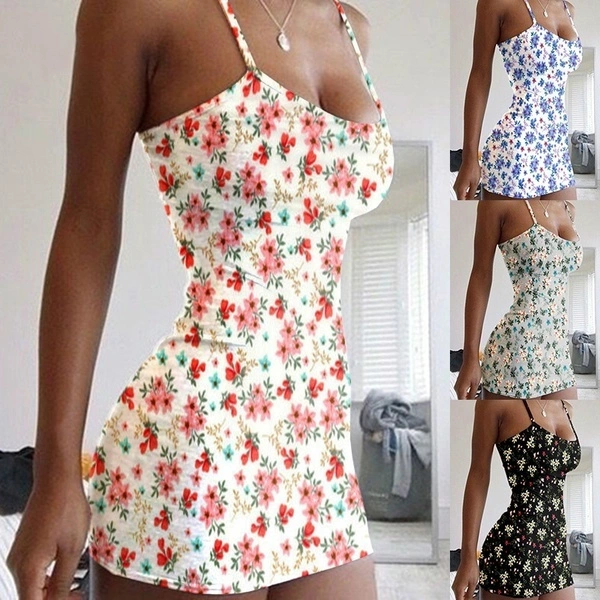 New Fashion Women's Spaghetti Strap Floral Printed Dress Summer Casual Sleeveless Floral Dress Sexy Bodycon Dresses