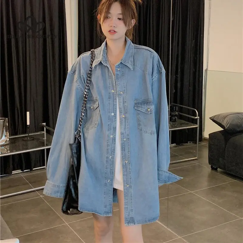 Spring Autumn New Loose Long Denim Shirt Jacket Woman Fashion Casual Elegant Shirt