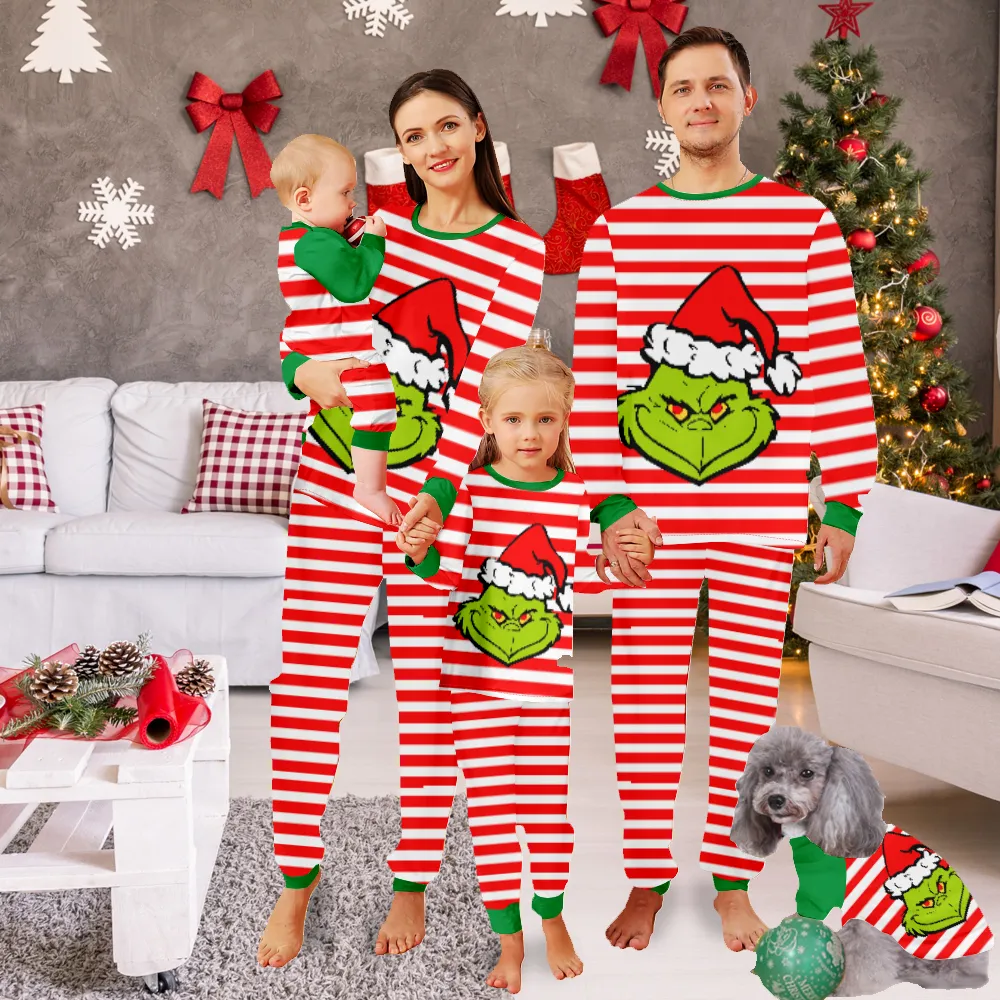 Grinch Christmas Matching Family Pajamas,Cute Christmas Pjs-Grinch Elves Monster With Christmas Hats Pattern And Grinch White Stripes