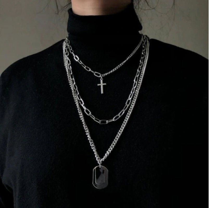 Multi-Layer Long Chain Necklace Punk Cross Pendant Necklace for Women Men Metal Silver Chains Hip Hop Goth Jewelry Gifts