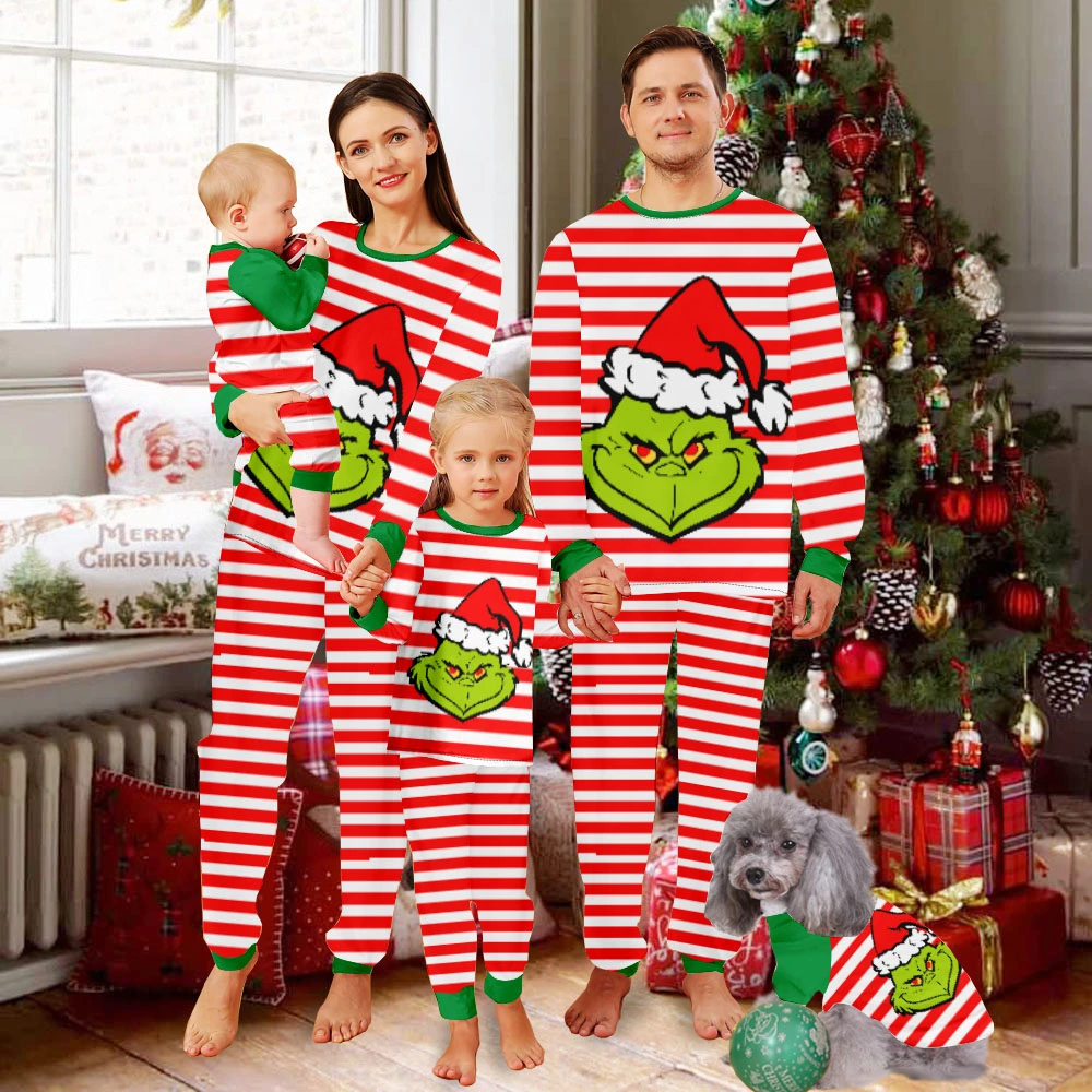 Grinch Christmas Pjs Family Set,Boys Christmas Pjs-Grinch Elves Monster With Christmas Hats Pattern And Grinch White Stripes