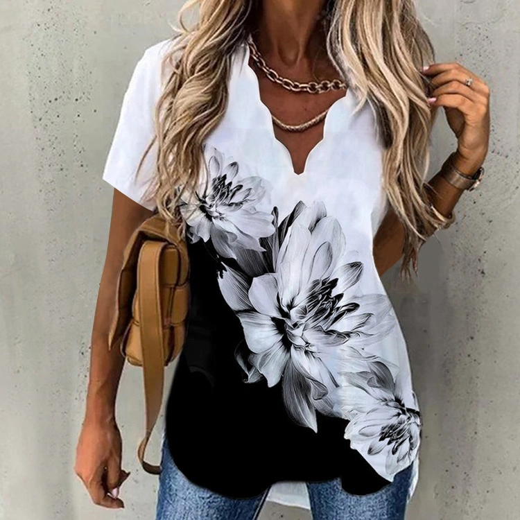 Womens Fashion Printed V-Neck Tunic Tops T-Shirts Ladies Summer Short Sleeve Tee Blouse