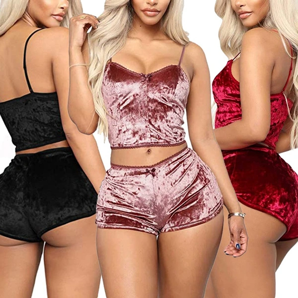 Women 2 Pieces Velvet Sleepwear Sleeveless Crop Top Camisole Shorts Bottomb Set Lady Lingerie Set Women's Pajama