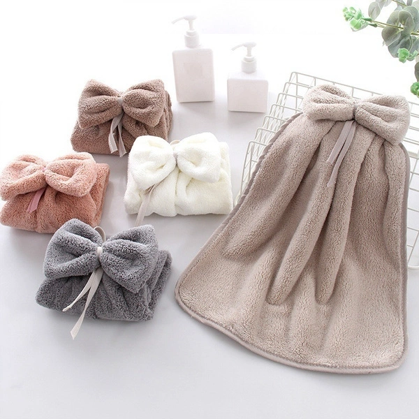 Coral Velvet Bowknot Cute Hanging Towel Absorbent Kitchen Wipe Handkerchief Hand Towels