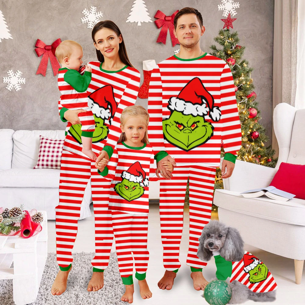 Grinch Family Pjs Matching Sets Christmas,Men And Women Matching Pajamas Set-Grinch Elves Monster With Christmas Hats Pattern And Grinch White Stripes