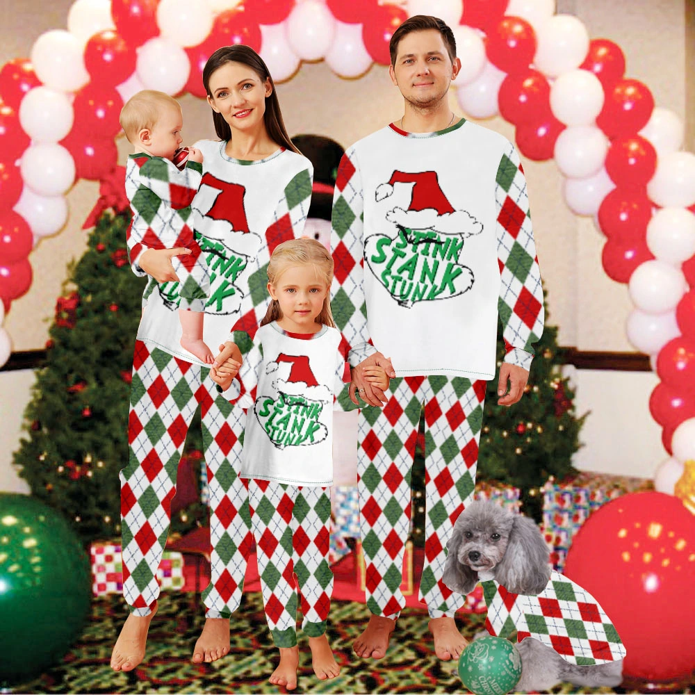 Grinch Christmas Matching Pjs,Christmas Sets-Red And Grinch Plaid Pattern And Grinch With  Christmas Hat Merry Christmas Design