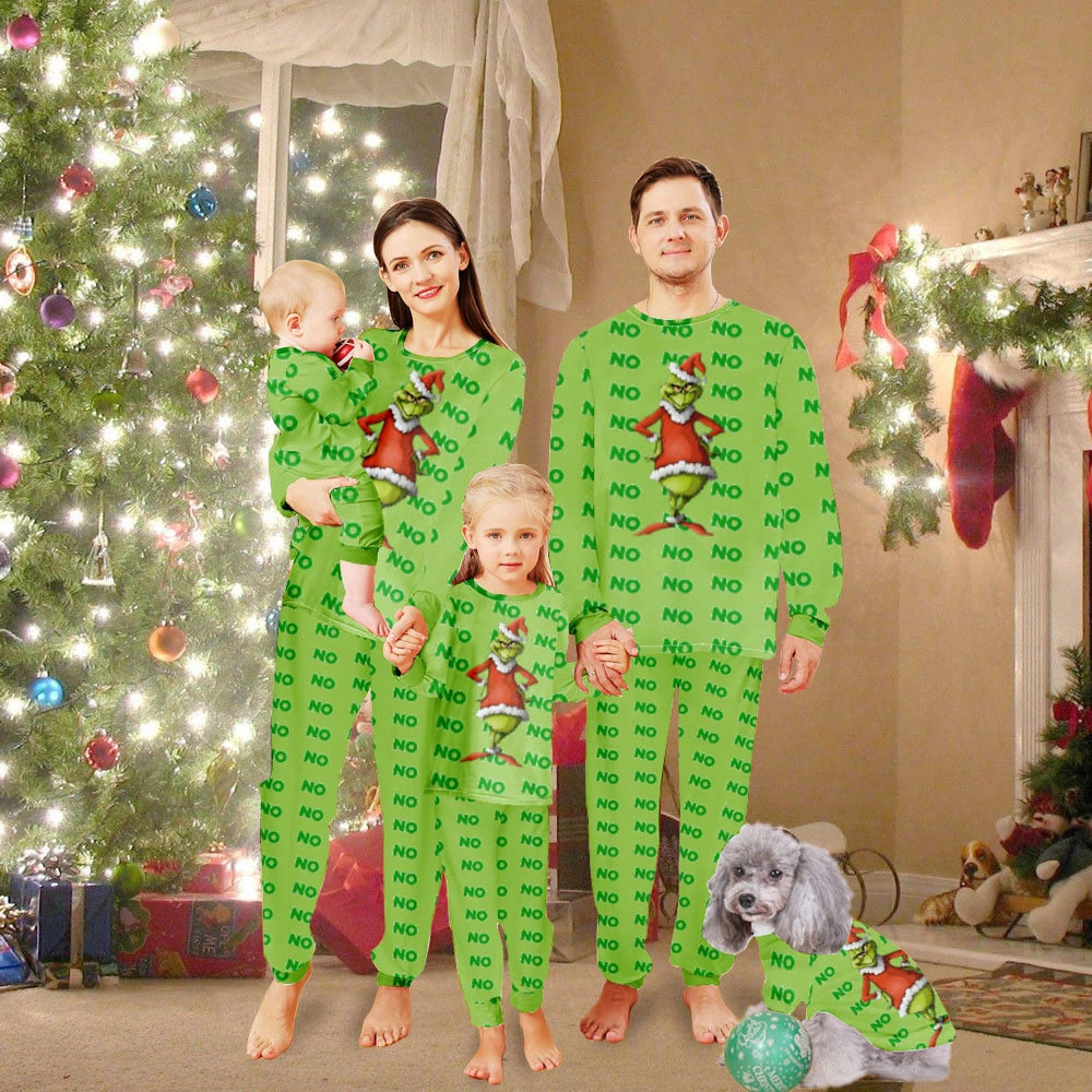 Grinch Family Pet Matching Pajamas,Christmas Family Matching Pajamas Set-Christmas NoNoNo Grinch Santa With Christmas Hat Pattern