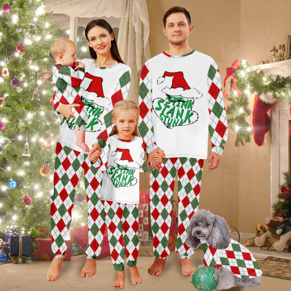 Grinch Matching Christmas Pajamas For Couples,Family Christmas Pjs Matching-Red And Grinch Plaid Pattern And Grinch With  Christmas Hat Merry Christmas Design