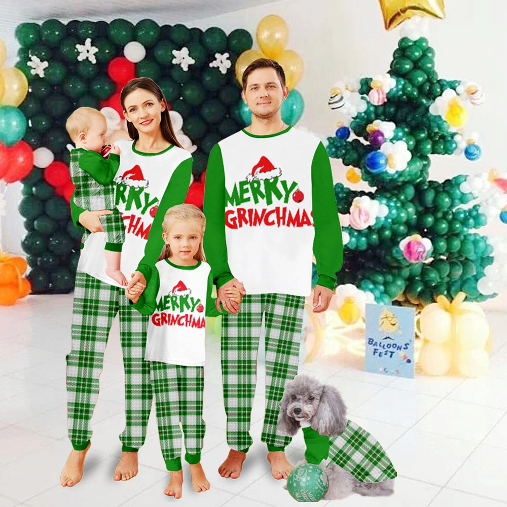 Grinch Christmas Jammies,Men And Women Matching Pajamas Set-White Buffalo Plaid Style With Merry Christmas Christmas Hat Pattern