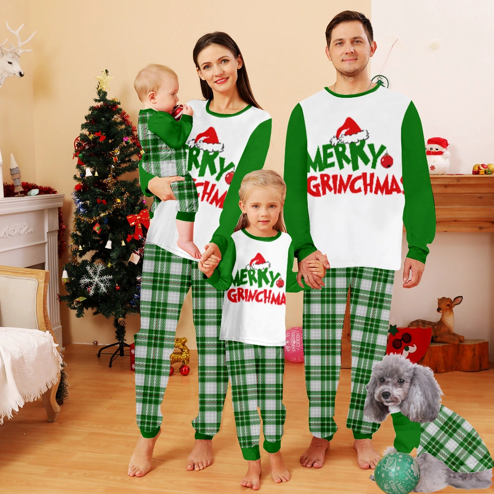 Grinch Christmas Family Matching Pajamas,Womens Pjs-White Buffalo Plaid Style With Merry Christmas Christmas Hat Pattern