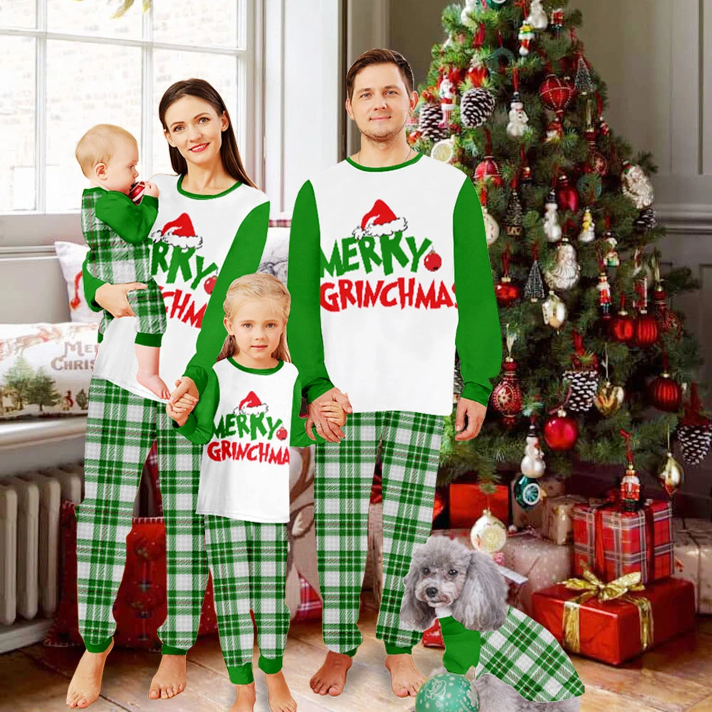 Grinch Christmas Pjamas,Funny Family Christmas Pjs Matching Sets-White Buffalo Plaid Style With Merry Christmas Christmas Hat Pattern