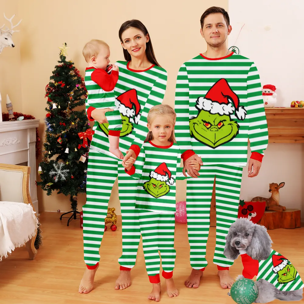 Grinch Christmas Family Pjs Matching Sets,Womens Pajamas Set-Grinch White Stripes And Grinch Elves With Christmas Hats Pattern