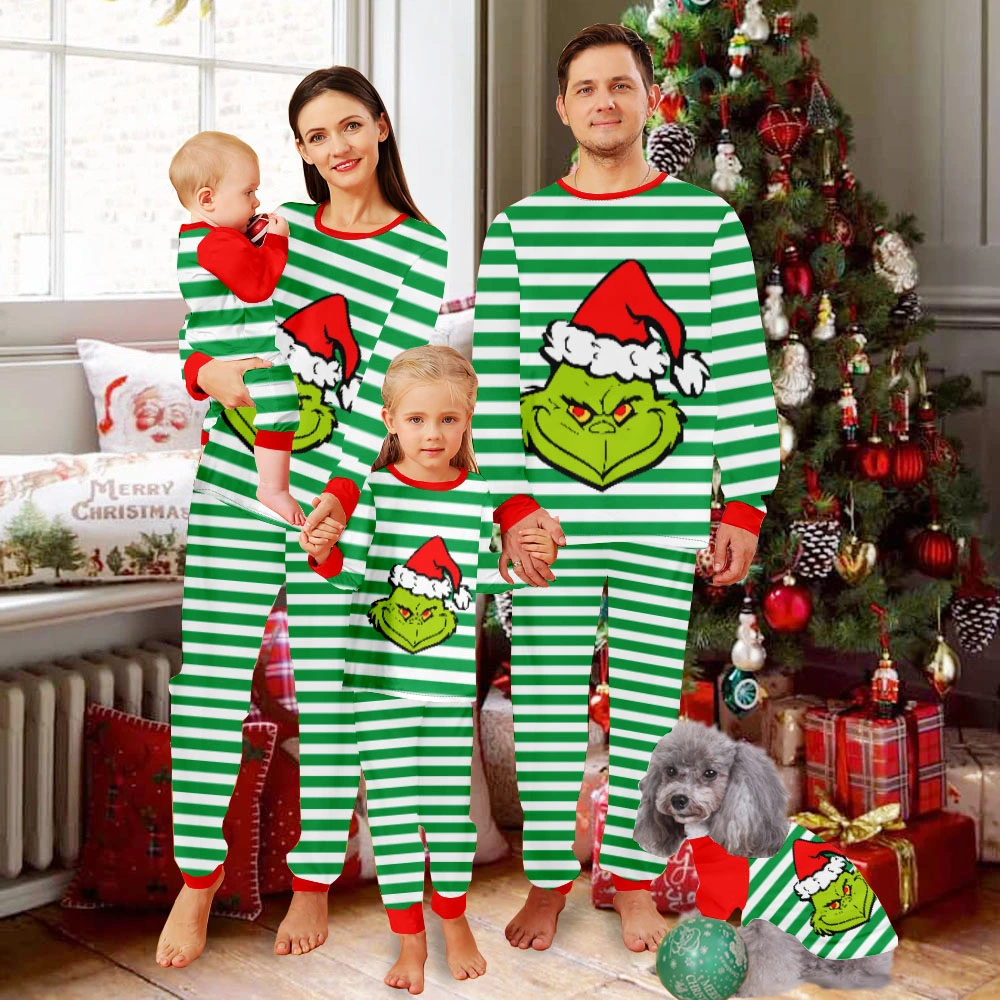 Grinch Christmas Pajamas For Kids,Christmas Girl Pajamas-Grinch White Stripes And Grinch Elves With Christmas Hats Pattern