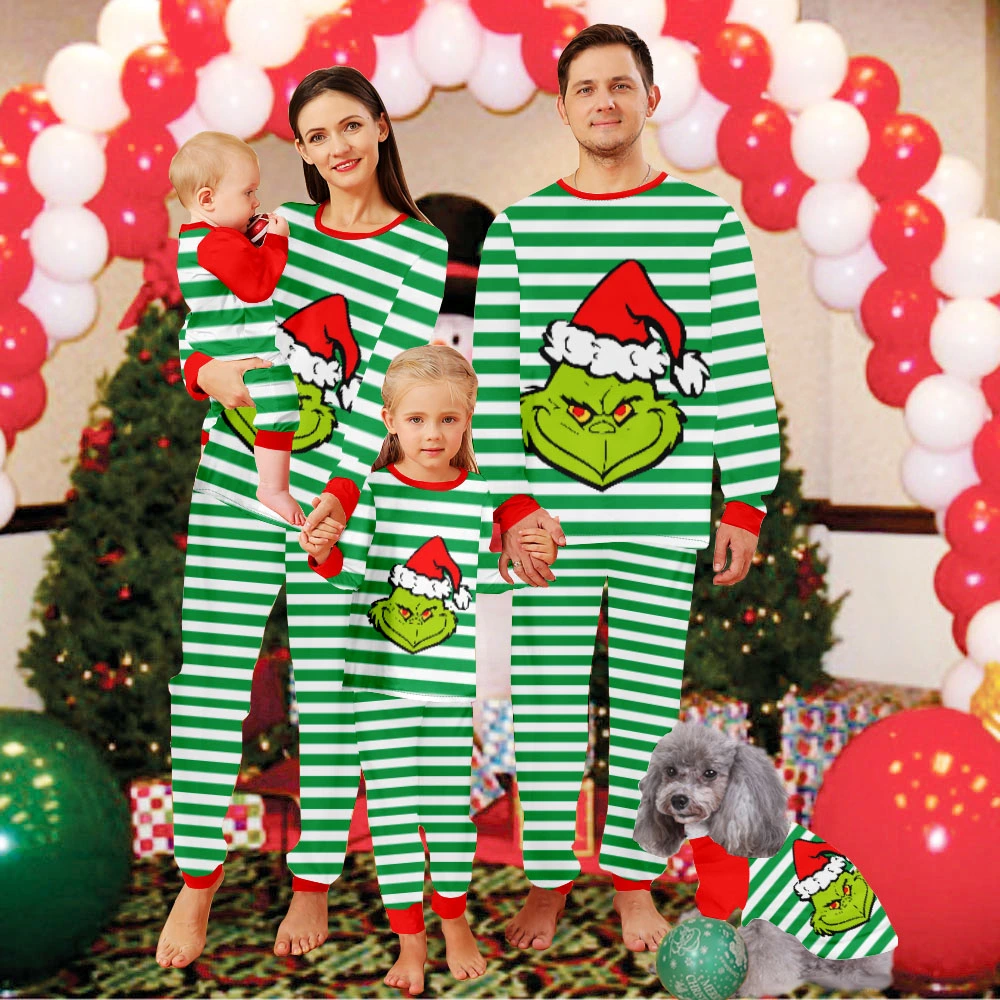 Grinch Christmas Pajamas Family,Couples Christmas Pajamas Set-Grinch White Stripes And Grinch Elves With Christmas Hats Pattern