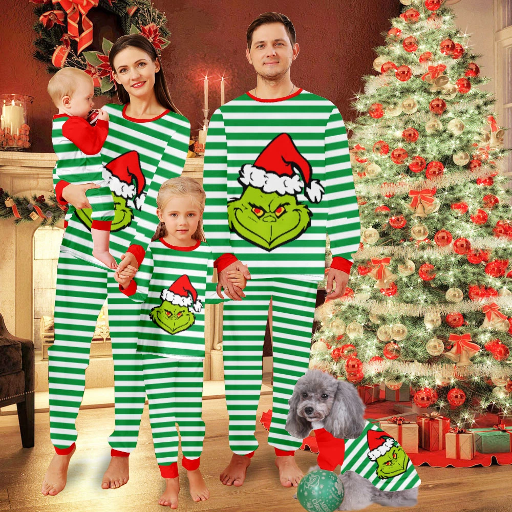 Grinch Christmas Sleepwear,Christmas Footie Pajamas-Grinch White Stripes And Grinch Elves With Christmas Hats Pattern