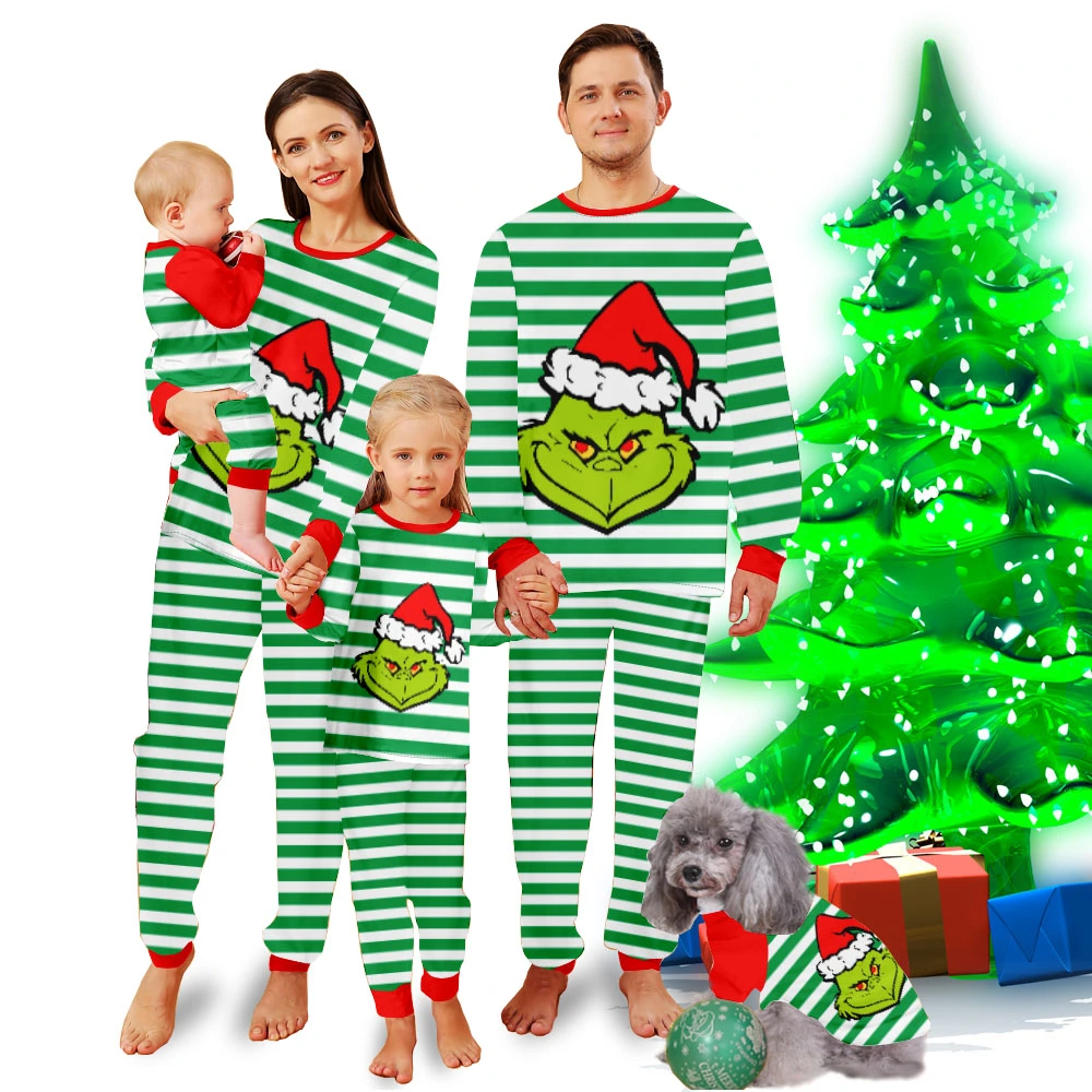 Grinch Matching Adult Pajamas,Women'S Pajamas-Grinch White Stripes And Grinch Elves With Christmas Hats Pattern