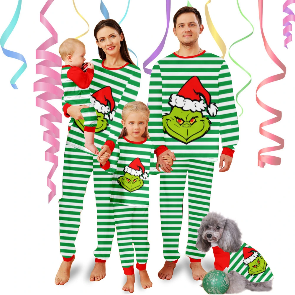 Grinch Pajamas For Family,Women Pajama Sets-Grinch White Stripes And Grinch Elves With Christmas Hats Pattern