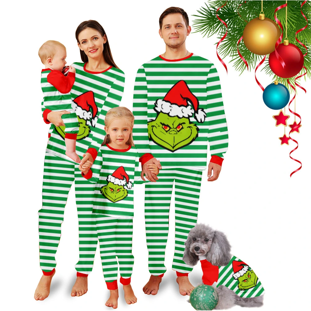 Grinch Pajamas For Women,Women'S Pajamas-Grinch White Stripes And Grinch Elves With Christmas Hats Pattern