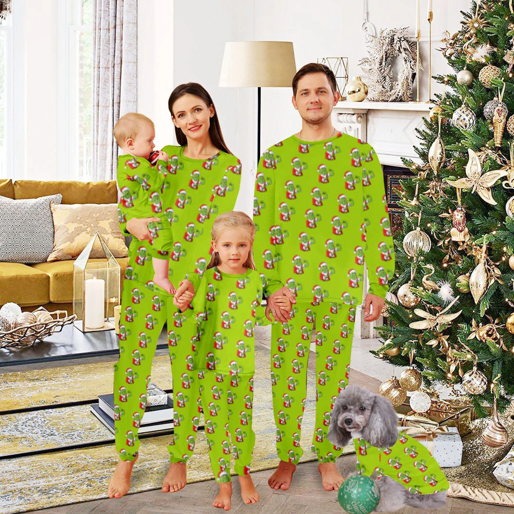 Family Pet Matching Pajamas,Pijama Familiar-Monster Muscle Dolls Christmas Hat Pattern, Grinch