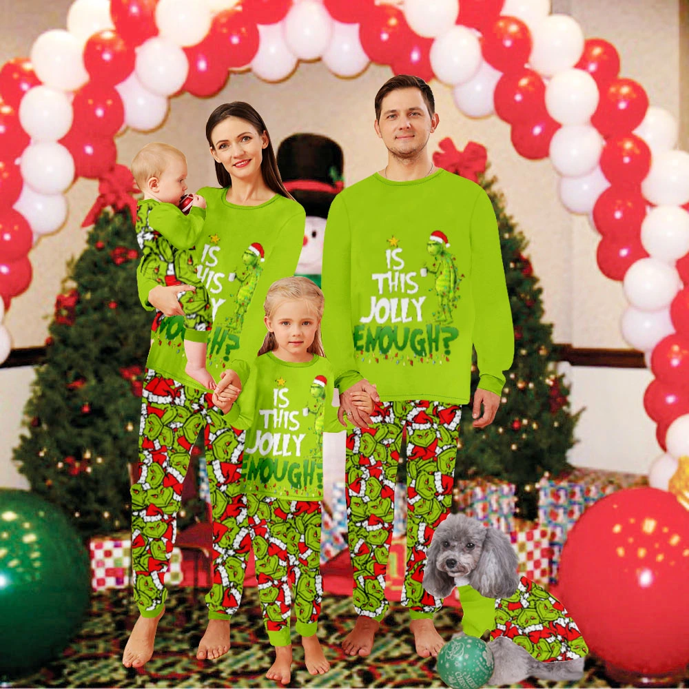 Christmas Family Pjs Matching Sets,Womens Pajamas Set-Monster Tile Pattern With Christmas Hat, Merry Christmas Pattern, Grinch